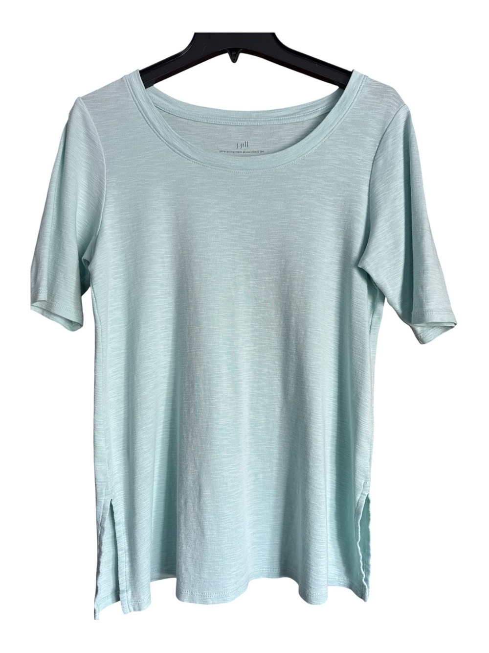 J. Jill Small Pima Cotton Scoop Neck Elbow Sleeve Tee Side Slit Light Teal